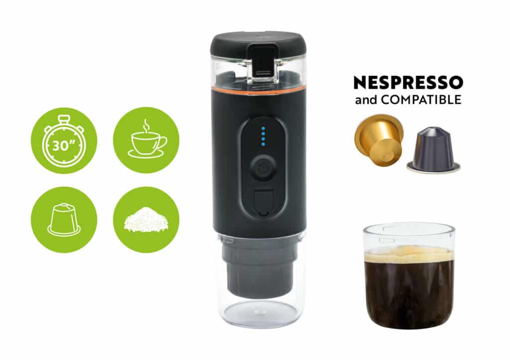 Portable espresso machine – Rechargeable battery – Nespresso® capsules or ground coffee – 18 bars