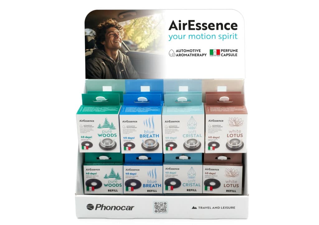 AirEssence Counter Display – Solar aromatherapy car diffuser, 100% natural capsules